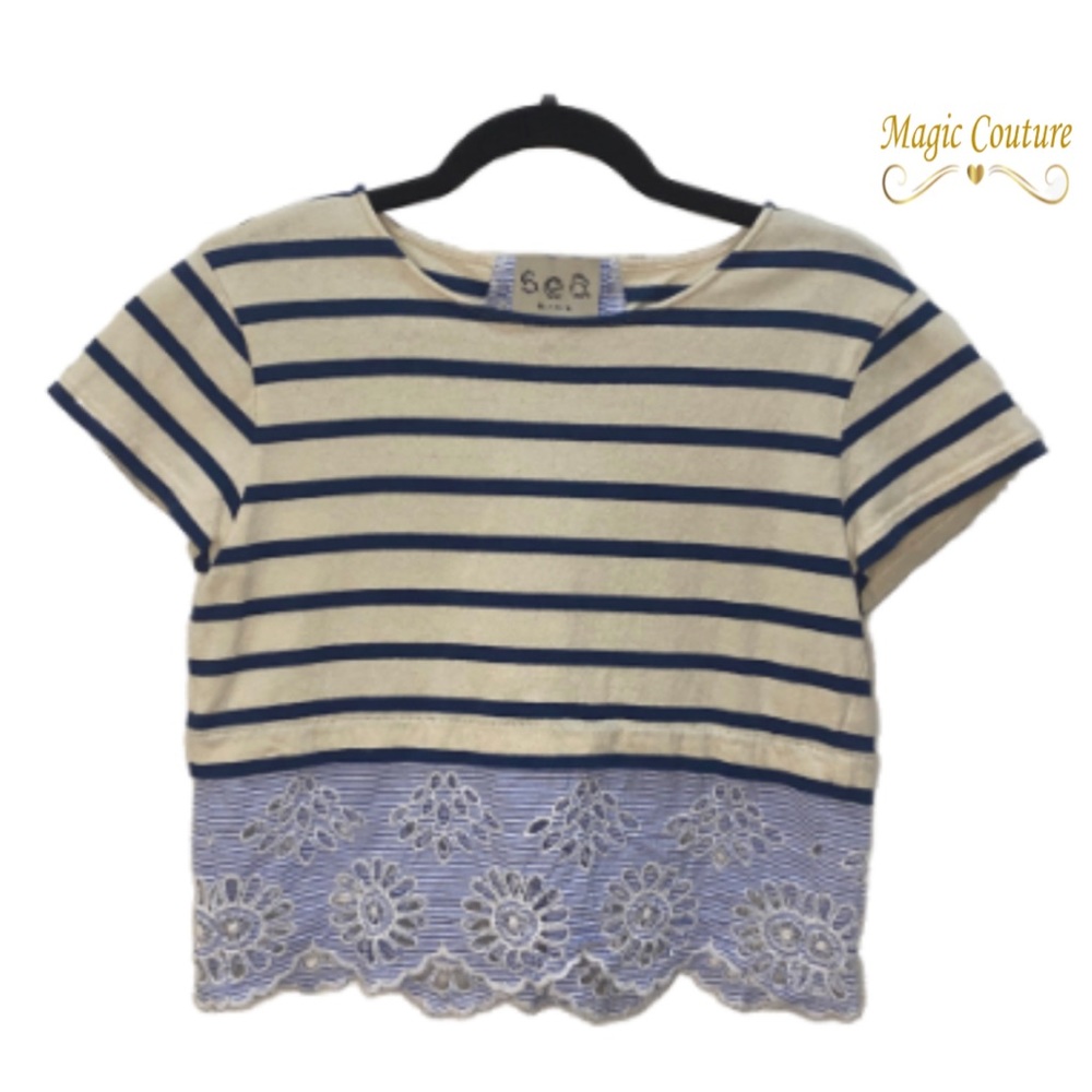 Sea New York Striped Lace-up Back Lace Hem Blouse🤍💙🤍